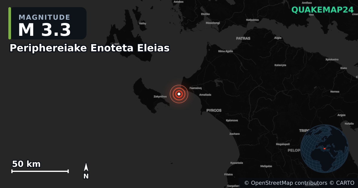 M3.3 earthquake near Periphereiake Enoteta Eleias on Jan 6, 2026 — map of epicenter and shaking intensity | QuakeMap24