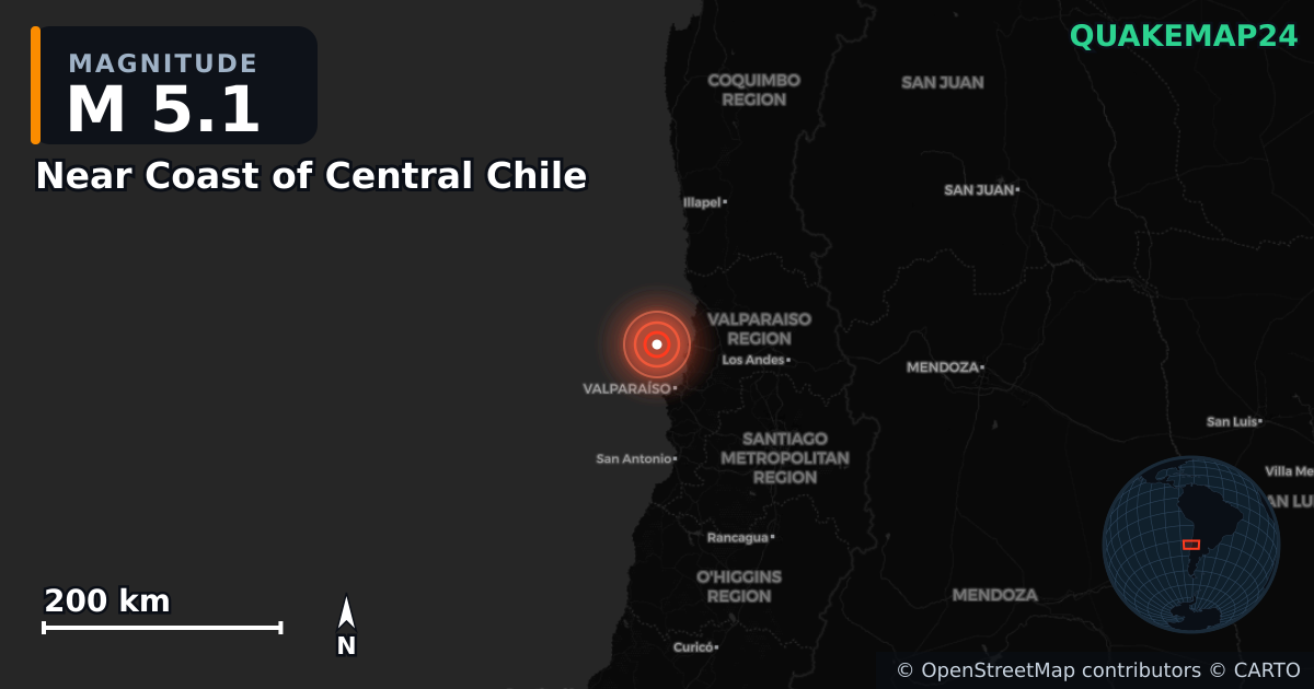 M5.1 earthquake near Near Coast of Central Chile on May 31, 2026 — map of epicenter and shaking intensity | QuakeMap24
