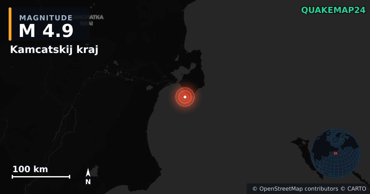 M4.9 earthquake near Kamcatskij kraj on Jan 12, 2026 — map of epicenter and shaking intensity | QuakeMap24
