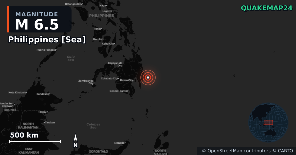 M6.5 earthquake near Philippines [Sea] on Jan 7, 2026 — map of epicenter and shaking intensity | QuakeMap24