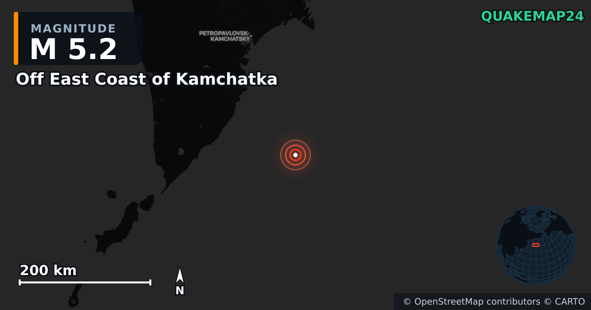 M5.2 earthquake near Off East Coast of Kamchatka on Sep 3, 2025 — map of epicenter and shaking intensity | QuakeMap24