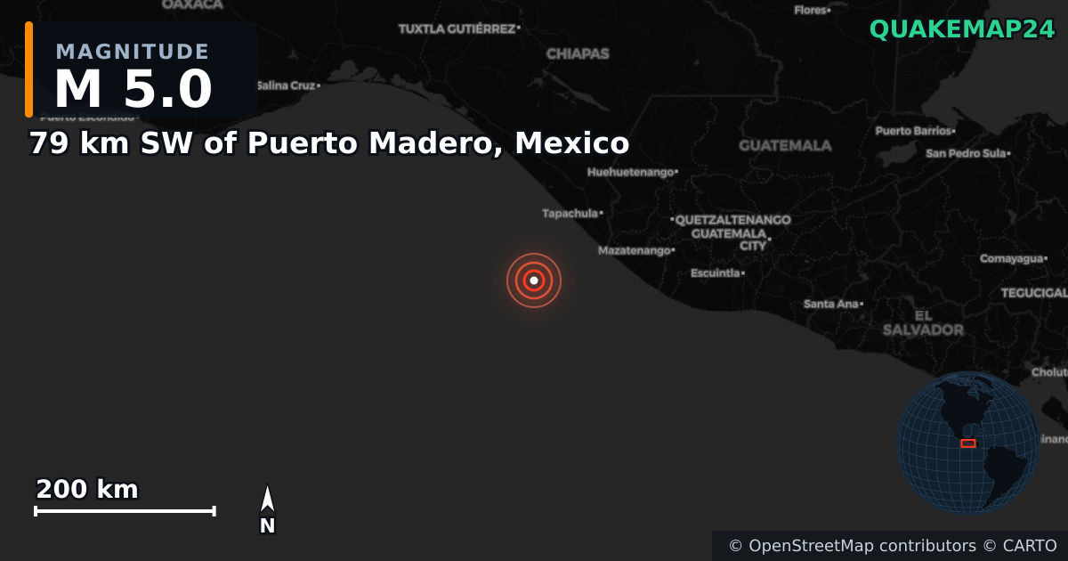 M5.0 earthquake near 79 km SW of Puerto Madero, Mexico on Jul 17, 2026 — map of epicenter and shaking intensity | QuakeMap24