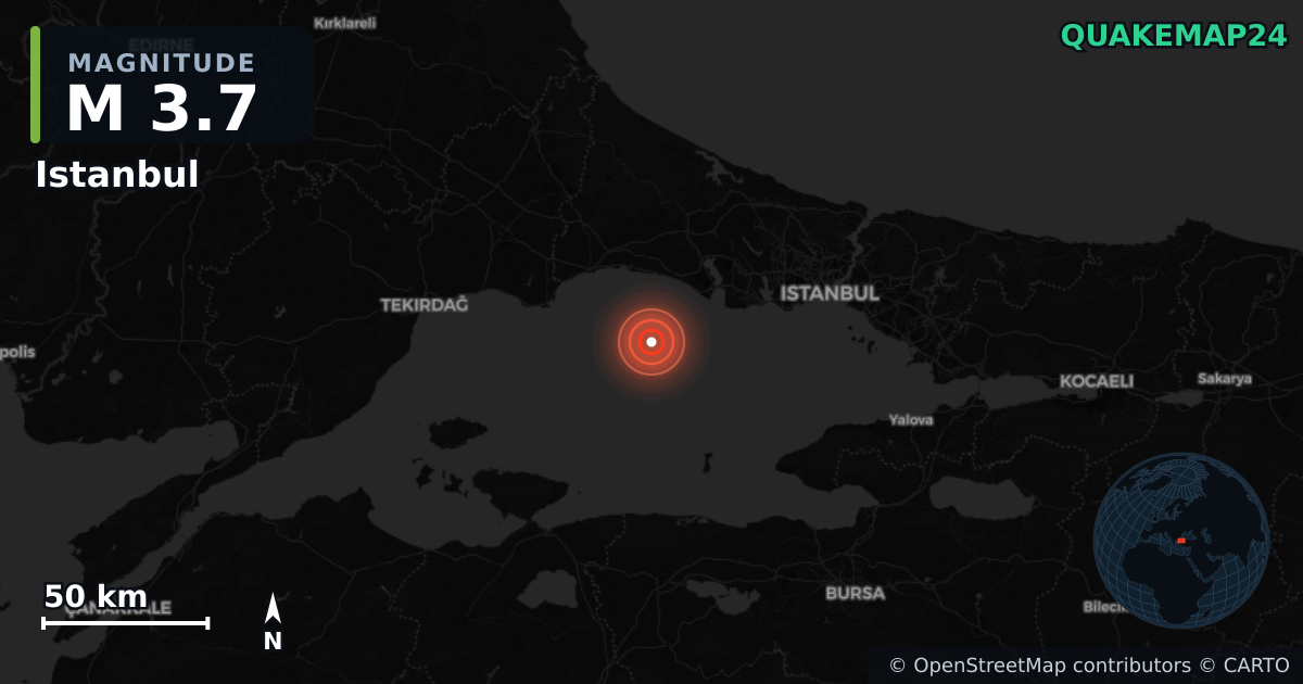 M3.7 earthquake near Istanbul on Apr 14, 2026 — map of epicenter and shaking intensity | QuakeMap24