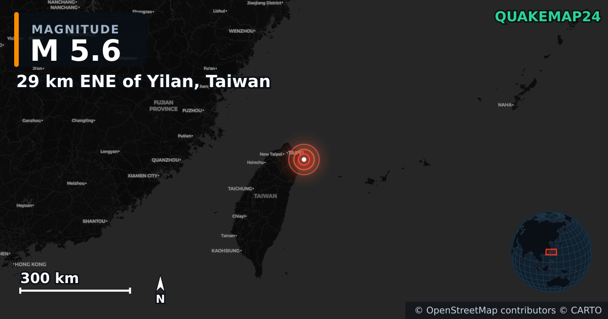 M5.6 earthquake near 29 km ENE of Yilan, Taiwan on May 1, 2026 — map of epicenter and shaking intensity | QuakeMap24