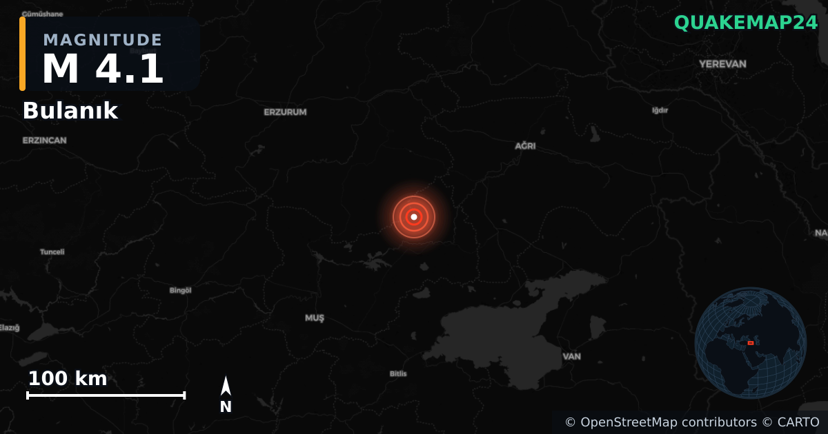 M4.1 earthquake near Bulanık on Apr 26, 2026 — map of epicenter and shaking intensity | QuakeMap24