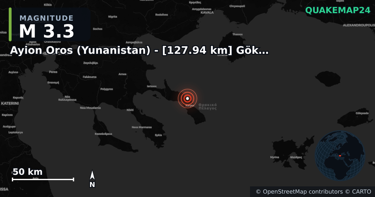 M3.3 earthquake near Ayion Oros (Yunanistan) - [127.94 km] Gökçeada (Çanakkale) on Apr 5, 2026 — map of epicenter and shaking intensity | QuakeMap24