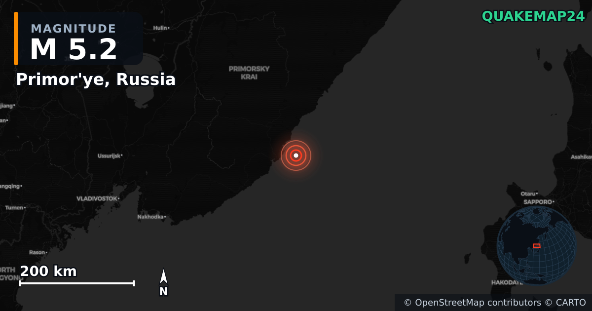 M5.2 earthquake near Primor'ye, Russia on Jun 10, 2026 — map of epicenter and shaking intensity | QuakeMap24