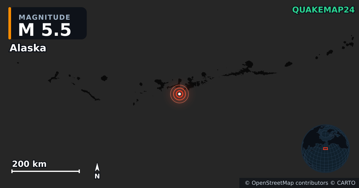 M5.5 earthquake near Alaska on Nov 23, 2025 — map of epicenter and shaking intensity | QuakeMap24