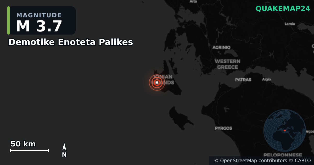 M3.7 earthquake near Demotike Enoteta Palikes on Jan 10, 2026 — map of epicenter and shaking intensity | QuakeMap24