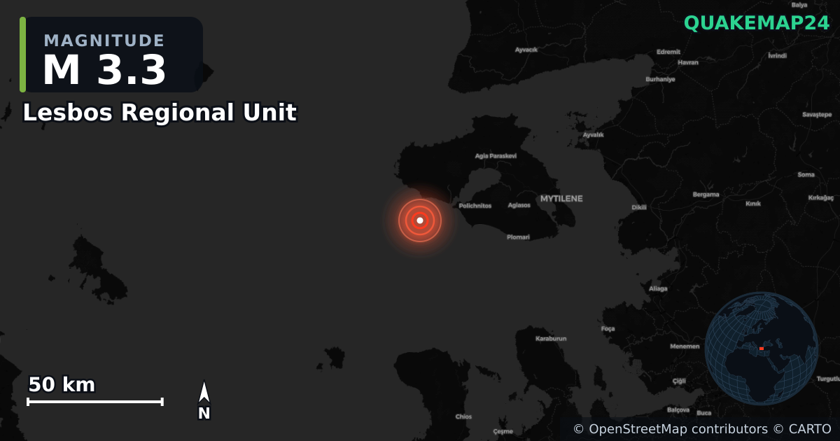 M3.3 earthquake near Lesbos Regional Unit on Jun 29, 2026 — map of epicenter and shaking intensity | QuakeMap24