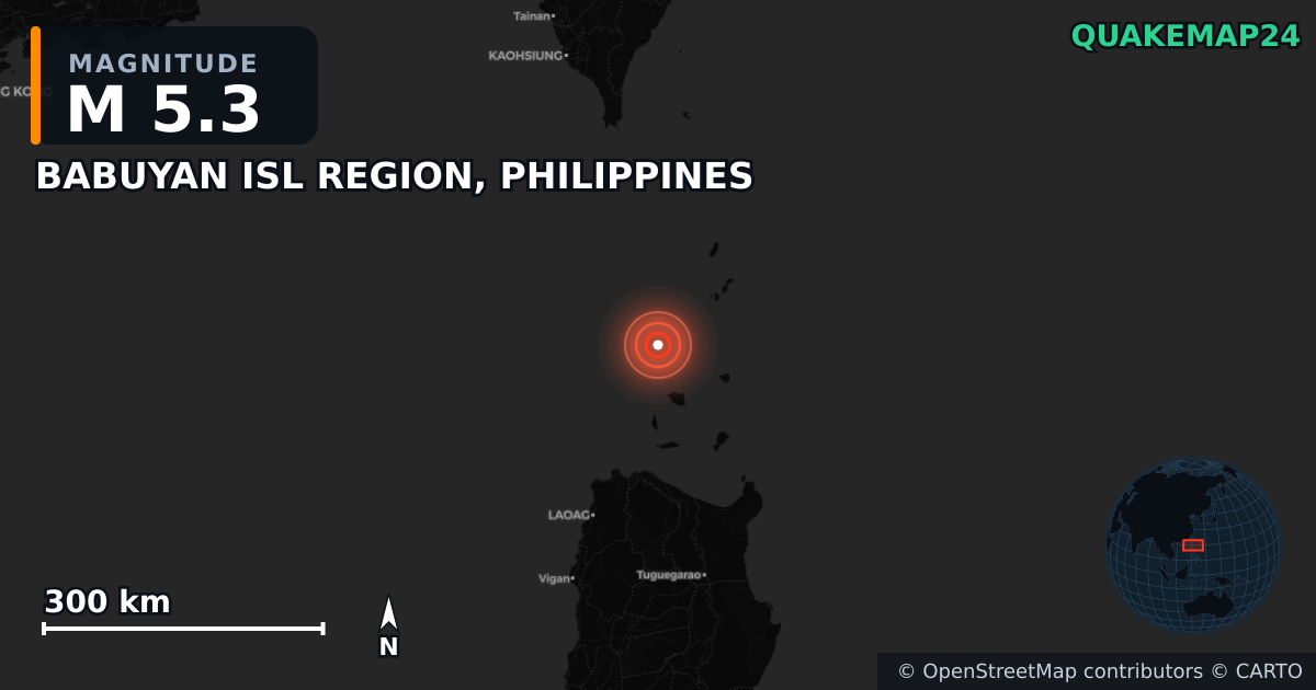 M5.3 earthquake near BABUYAN ISL REGION, PHILIPPINES on Jul 19, 2025 — map of epicenter and shaking intensity | QuakeMap24