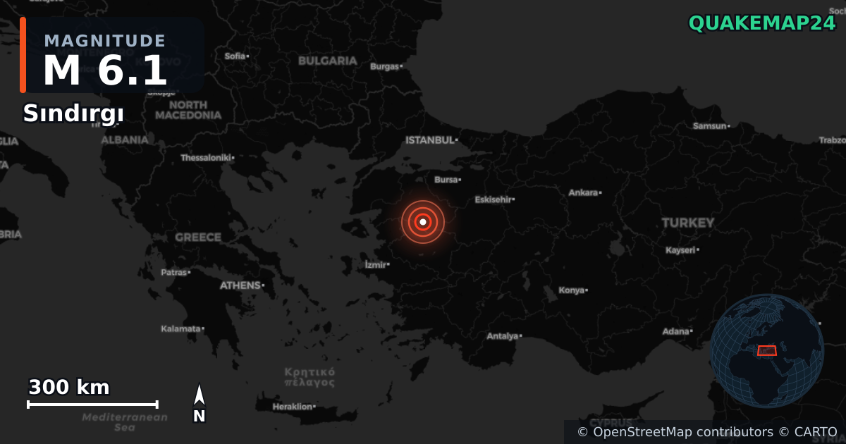 M6.1 earthquake near Sındırgı on Aug 10, 2025 — map of epicenter and shaking intensity | QuakeMap24