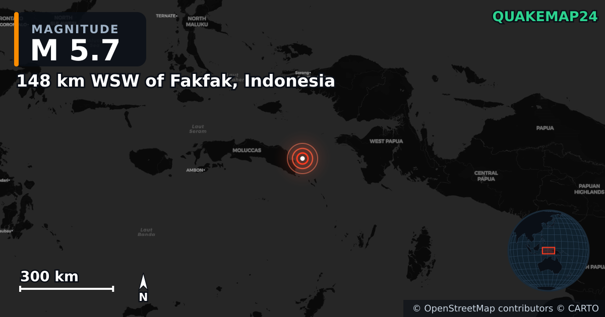 M5.7 earthquake near 148 km WSW of Fakfak, Indonesia on Feb 18, 2025 — map of epicenter and shaking intensity | QuakeMap24