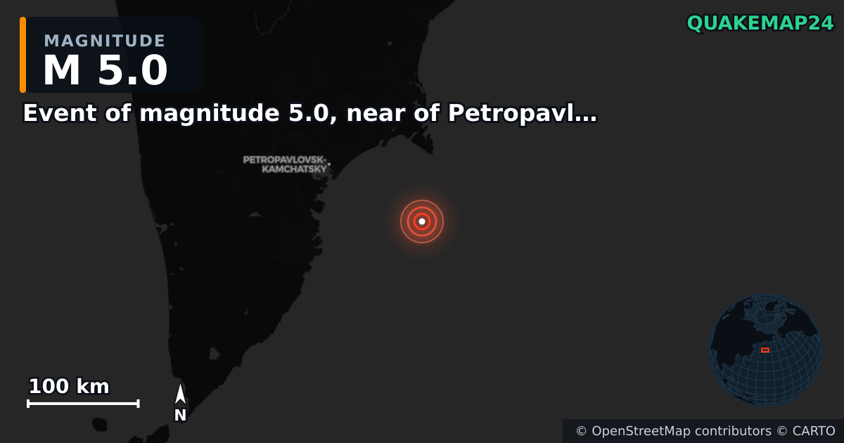 M5.0 earthquake near Event of magnitude 5.0, near of Petropavlovsk Kamchatskiy (Monde) on Aug 22, 2025 — map of epicenter and shaking intensity | QuakeMap24