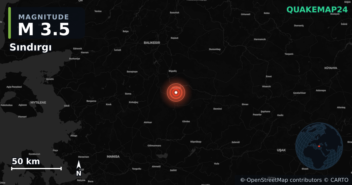 M3.5 earthquake near Sındırgı on Aug 22, 2025 — map of epicenter and shaking intensity | QuakeMap24