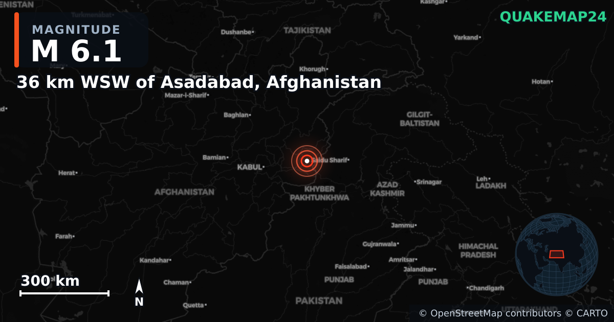 M6.1 earthquake near 36 km WSW of Asadabad, Afghanistan on Sep 4, 2025 — map of epicenter and shaking intensity | QuakeMap24