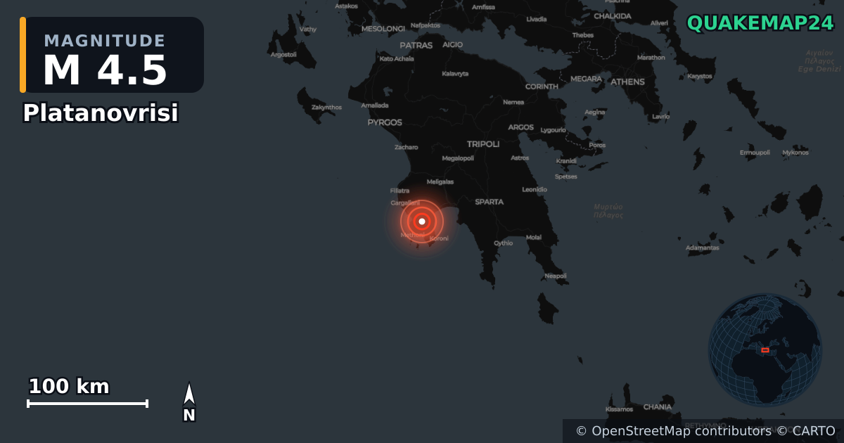 Σεισμός M4,5 κοντά στο Platanovrisi, Peloponnese Region (Ελλάδα) · 2026-10-19 — Χάρτης της θέσης του επικέντρου