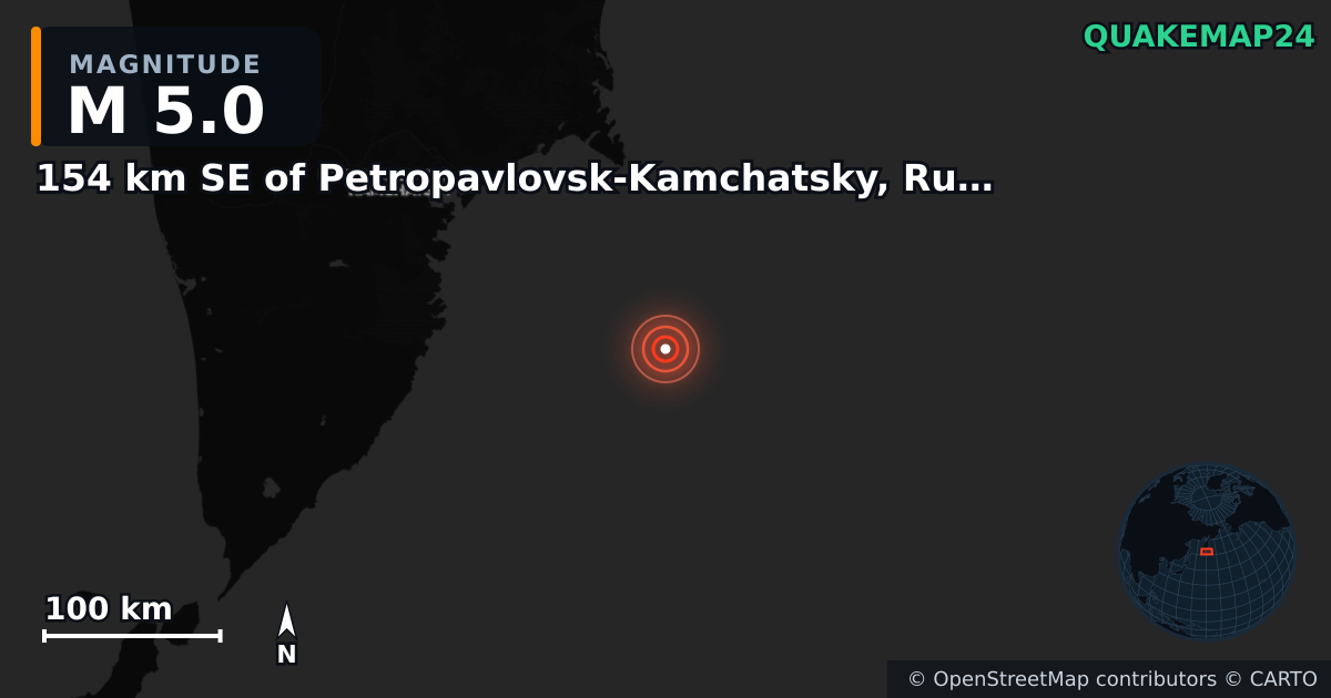 M5.0 earthquake near 154 km SE of Petropavlovsk-Kamchatsky, Russia on Sep 7, 2025 — map of epicenter and shaking intensity | QuakeMap24