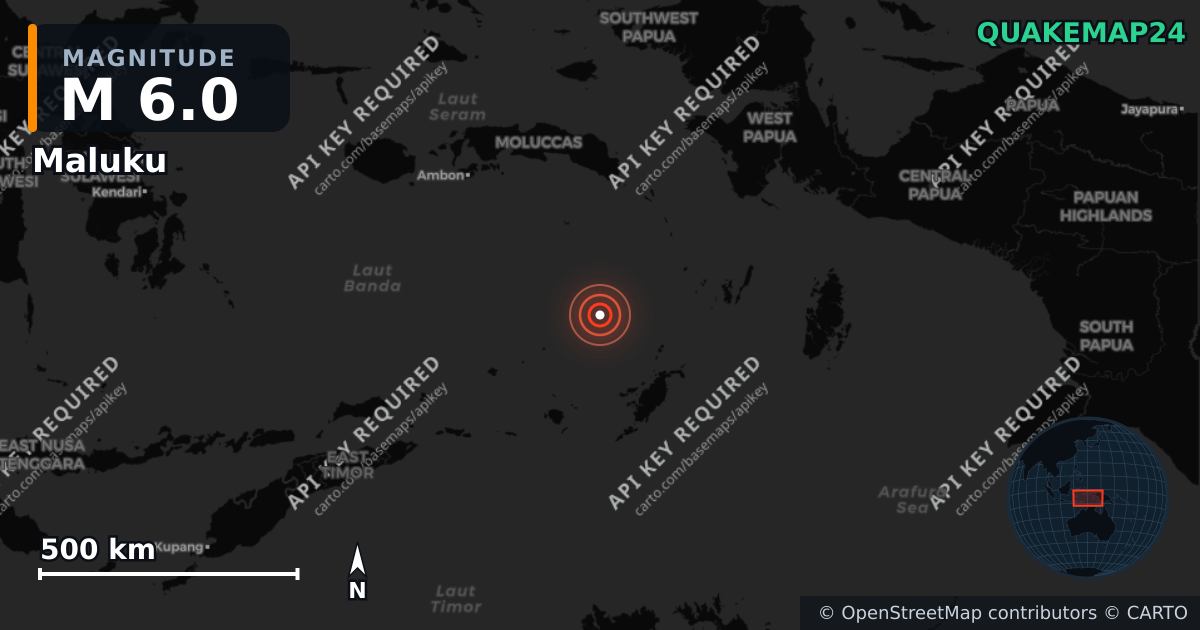 M6.0 earthquake near Maluku on May 14, 2026 — map of epicenter and shaking intensity | QuakeMap24
