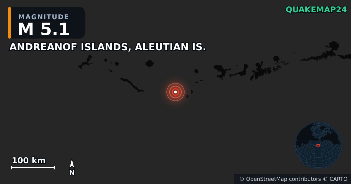 Sismo de M5,1 perto de ANDREANOF ISLANDS, ALEUTIAN IS. — Mapa da localização do epicentro