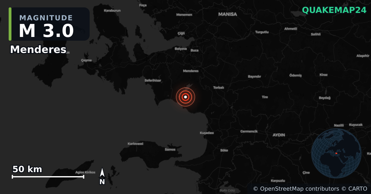 M3.0 earthquake near Menderes on May 24, 2025 — map of epicenter and shaking intensity | QuakeMap24