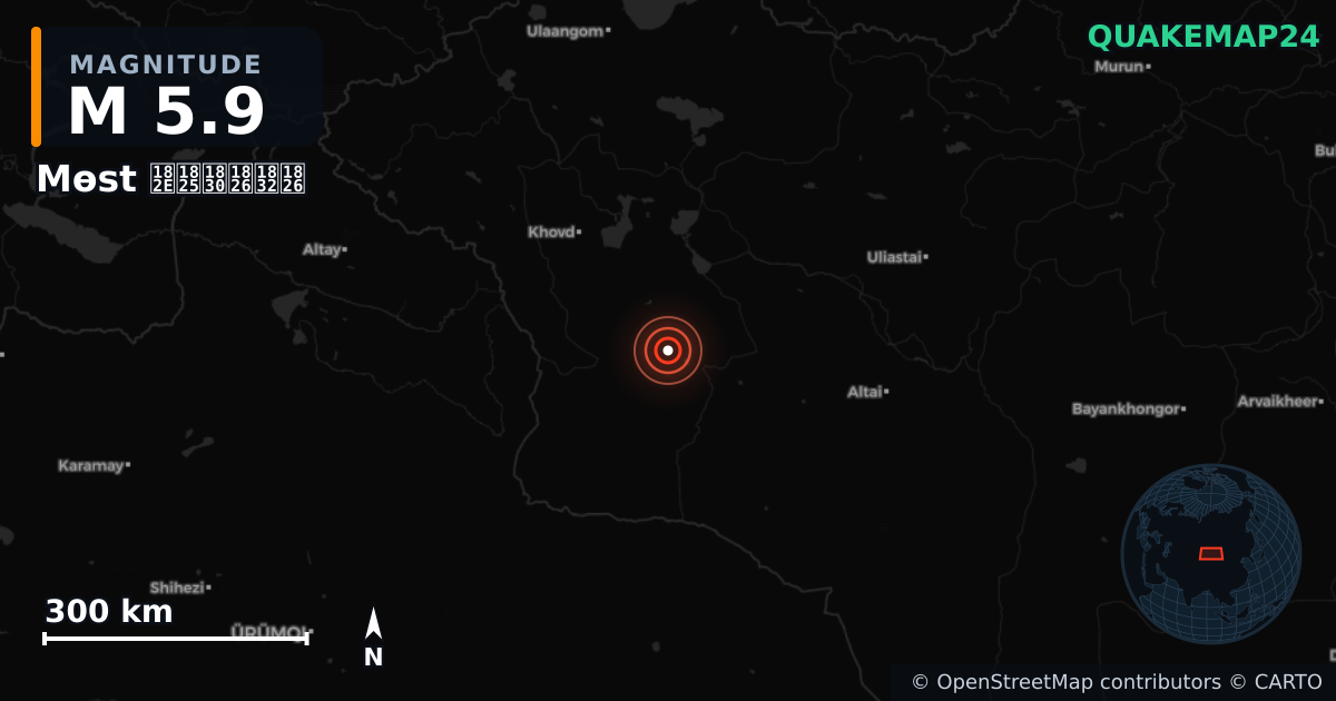 M5.9 earthquake near Mөst ᠮᠥᠰᠦᠲᠦ on Apr 26, 2026 — map of epicenter and shaking intensity | QuakeMap24