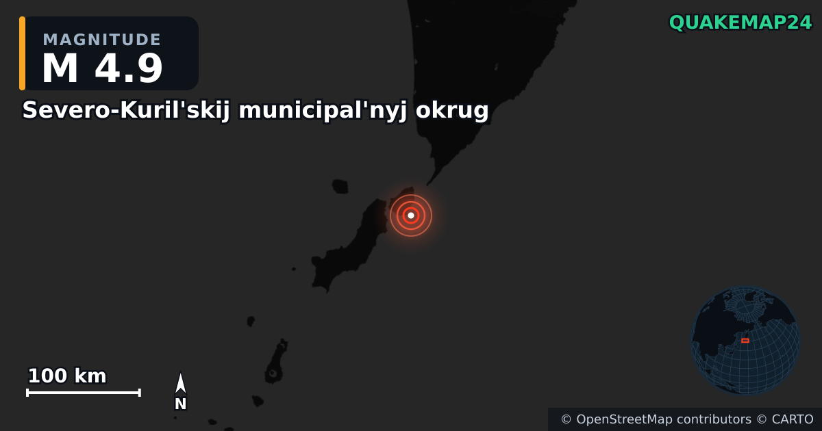 M4.9 earthquake near Severo-Kuril'skij municipal'nyj okrug on Apr 7, 2026 — map of epicenter and shaking intensity | QuakeMap24