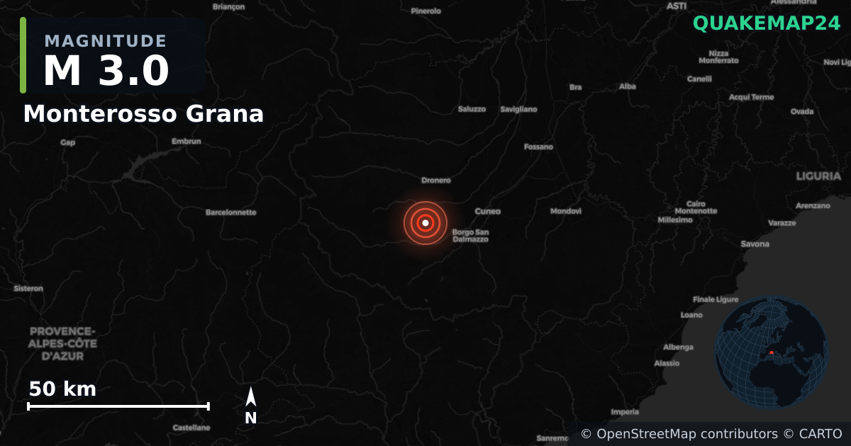 M3.0 earthquake near Monterosso Grana on Jul 11, 2026 — map of epicenter and shaking intensity | QuakeMap24