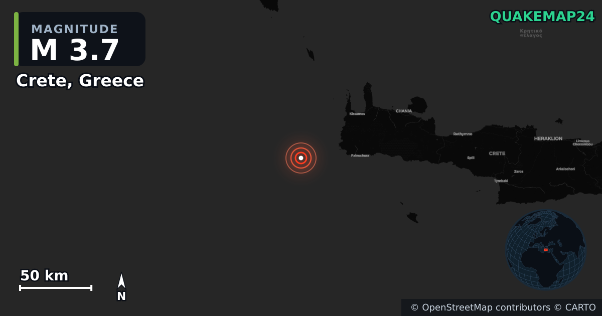 Crete, Greece yakınında M3,7 deprem · 2026-02-10 — Deprem merkez üssünün konumunu gösteren harita