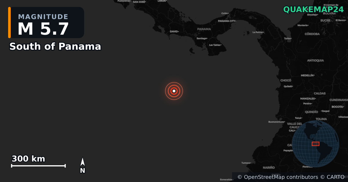 M5.7 earthquake near South of Panama on Jun 5, 2025 — map of epicenter and shaking intensity | QuakeMap24