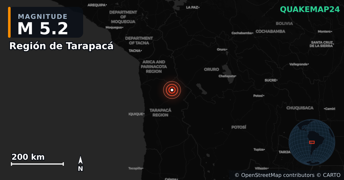 M5.2 earthquake near Región de Tarapacá on Sep 25, 2025 — map of epicenter and shaking intensity | QuakeMap24