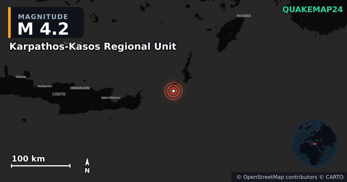 Sismo de M4,2 perto de Karpathos-Kasos Regional Unit, South Aegean (Grécia) · 2026-05-30 — Mapa da localização do epicentro