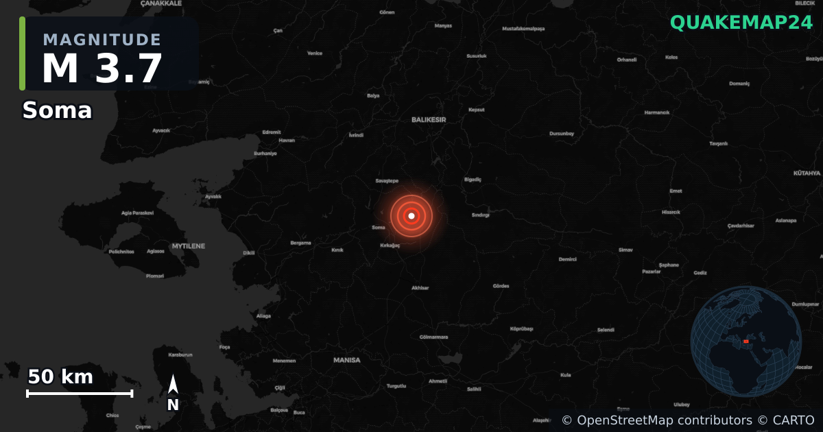 M3.7 earthquake near Soma on Oct 28, 2025 — map of epicenter and shaking intensity | QuakeMap24