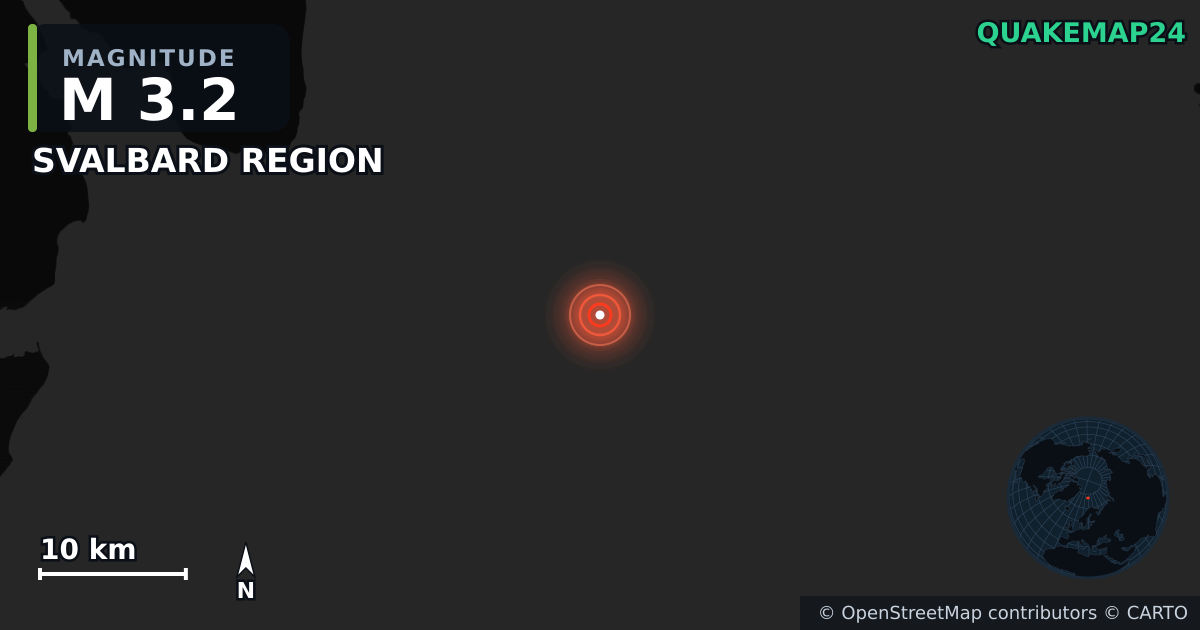 M3.2 earthquake near SVALBARD REGION on Jul 7, 2025 — map of epicenter and shaking intensity | QuakeMap24