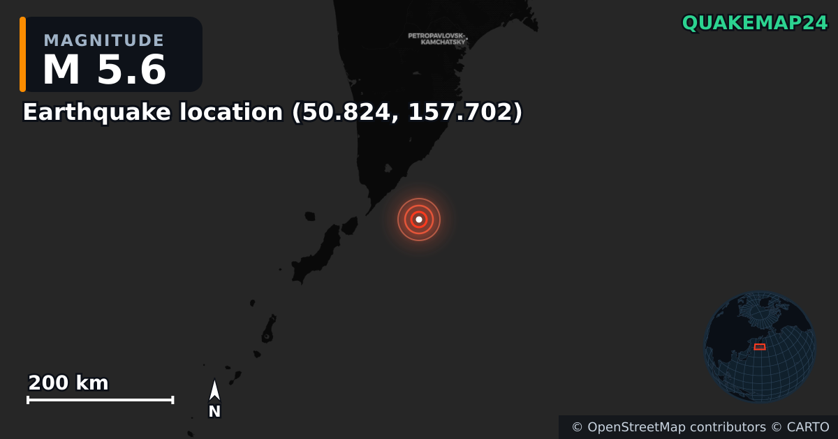 M5.6 earthquake near Τοποθεσία σεισμού (50.824, 157.702) on Feb 10, 2026 — map of epicenter and shaking intensity | QuakeMap24