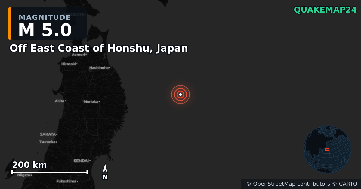 M5.0 earthquake near Off East Coast of Honshu, Japan on Apr 21, 2026 — map of epicenter and shaking intensity | QuakeMap24