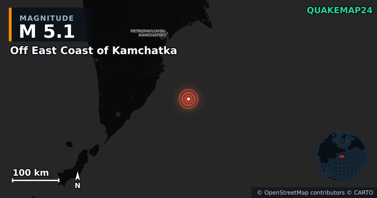 M5.1 earthquake near Off East Coast of Kamchatka on Jul 30, 2025 — map of epicenter and shaking intensity | QuakeMap24