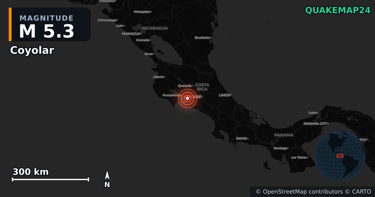M5.3 earthquake near Coyolar on Jul 7, 2026 — map of epicenter and shaking intensity | QuakeMap24