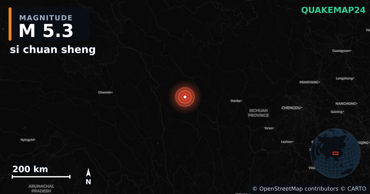 M5.3 earthquake near si chuan sheng on Oct 9, 2025 — map of epicenter and shaking intensity | QuakeMap24