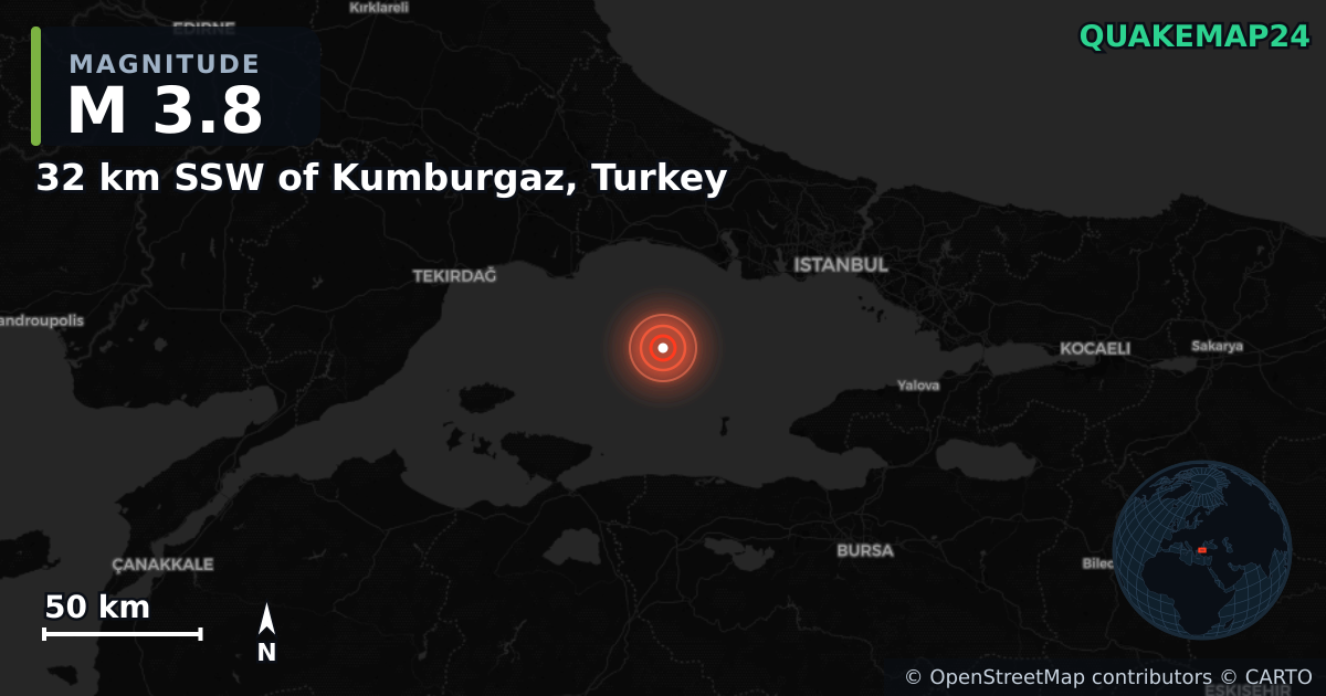 M3.8 earthquake near 32 km SSW of Kumburgaz, Turkey on Jul 5, 2025 — map of epicenter and shaking intensity | QuakeMap24