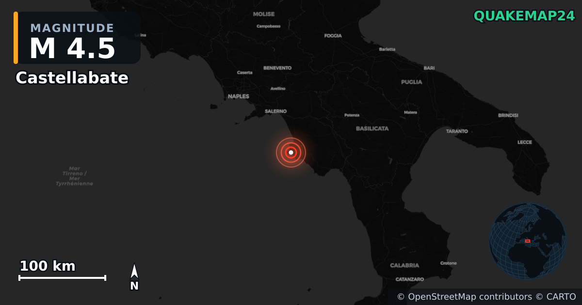 M4.5 earthquake near Castellabate on Feb 21, 2026 — map of epicenter and shaking intensity | QuakeMap24