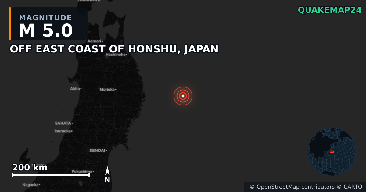 M5.0 earthquake near OFF EAST COAST OF HONSHU, JAPAN on Nov 9, 2025 — map of epicenter and shaking intensity | QuakeMap24
