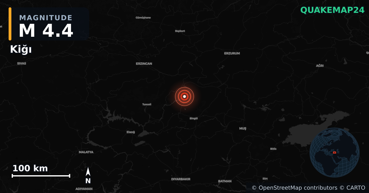 M4.4 earthquake near Kiğı on Jun 1, 2025 — map of epicenter and shaking intensity | QuakeMap24