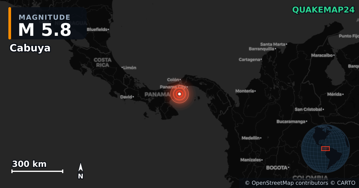 M5.8 earthquake near Cabuya on Jul 29, 2025 — map of epicenter and shaking intensity | QuakeMap24
