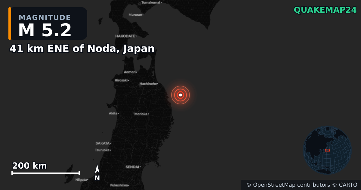 M5.2 earthquake near 41 km ENE of Noda, Japan on Mar 8, 2025 — map of epicenter and shaking intensity | QuakeMap24