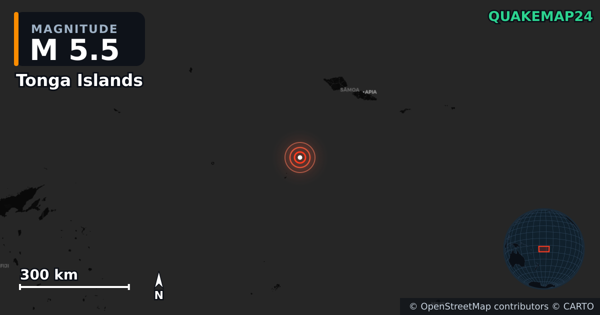 M5.5 earthquake near Tonga Islands on Aug 18, 2025 — map of epicenter and shaking intensity | QuakeMap24