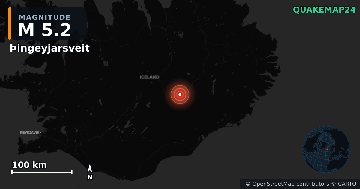 M5.2 earthquake near Þingeyjarsveit on Jan 31, 2026 — map of epicenter and shaking intensity | QuakeMap24