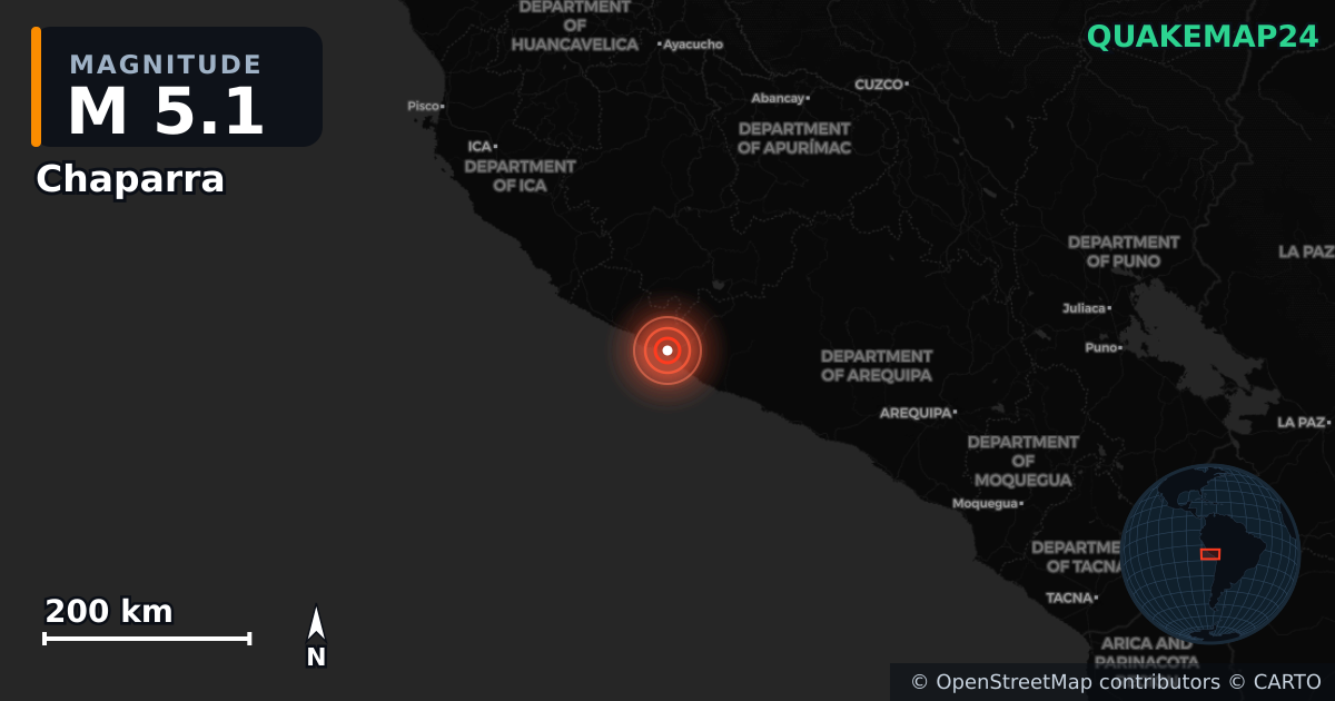 M5.1 earthquake near Chaparra on May 10, 2025 — map of epicenter and shaking intensity | QuakeMap24