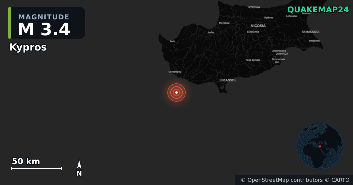 M3.4 earthquake near Kypros on Feb 25, 2026 — map of epicenter and shaking intensity | QuakeMap24