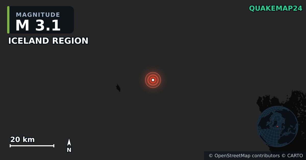 M3.1 earthquake near ICELAND REGION on May 13, 2025 — map of epicenter and shaking intensity | QuakeMap24